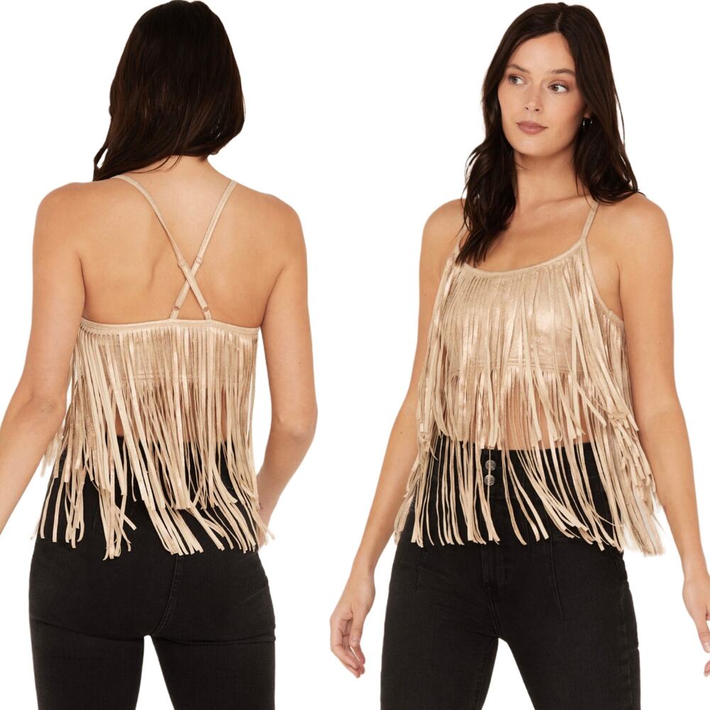 Shyanne Cropped Fringe Tank Size XL Western Cowgirl Metallic Taupe Rose Gold